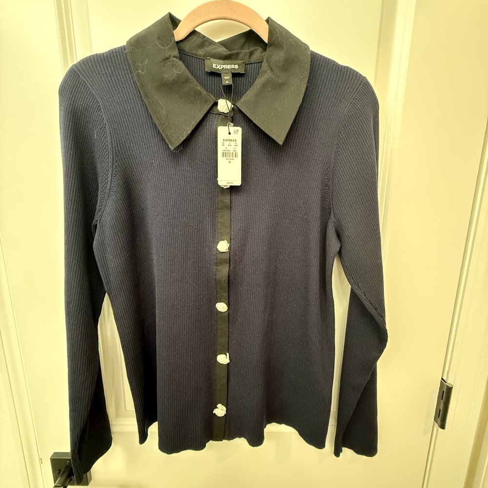 Express Navy Ribbed Cardigan with Black Collar and Rhinestone Buttons - NWT